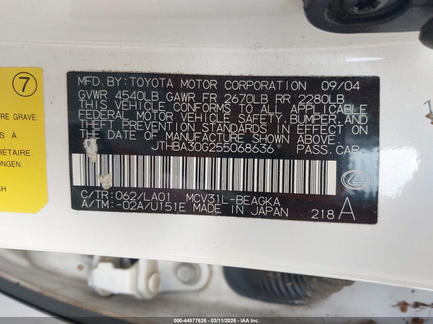 2005 Lexus ES VIN JTHBA30G255068636 IAAI salvage auction — RIGHT REAR, Junk (Missouri), sold $500 on 2026-07-08 (photo 9)