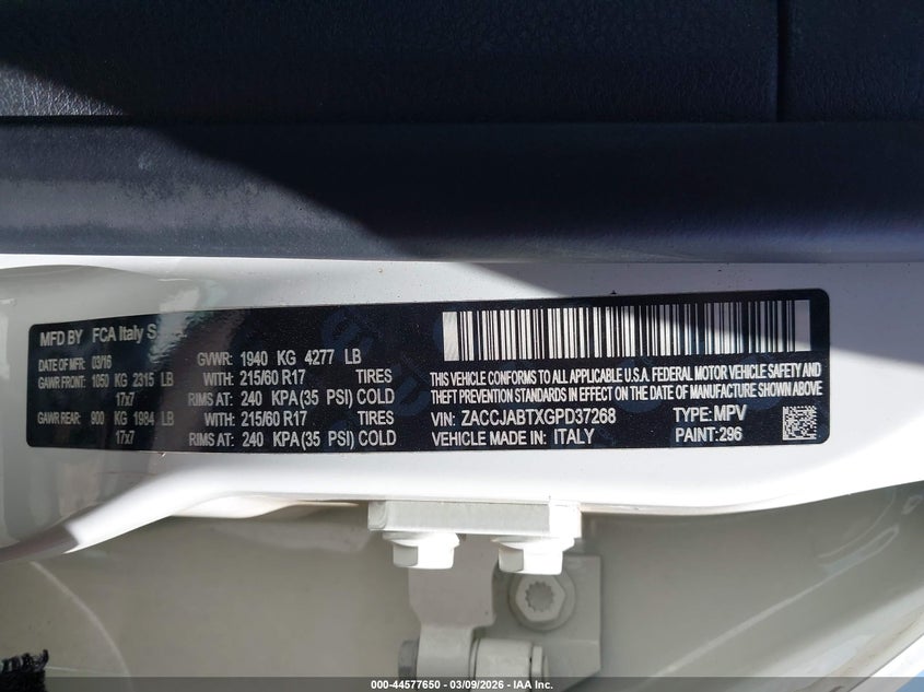 2016 Jeep Renegade VIN ZACCJABTXGPD37268 IAAI salvage auction — REAR END, Salvage Title, sold $125 on 2026-08-18 (photo 9)