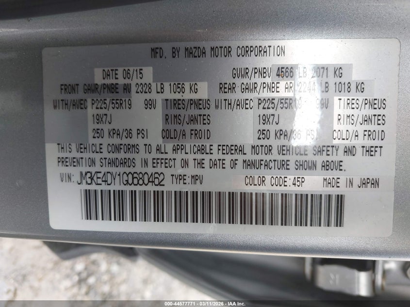 2016 Mazda Cx-5 VIN JM3KE4DY1G0680462 IAAI salvage auction — FRONT END, Salvage Title, sold $2,250 on 2026-07-22 (photo 9)
