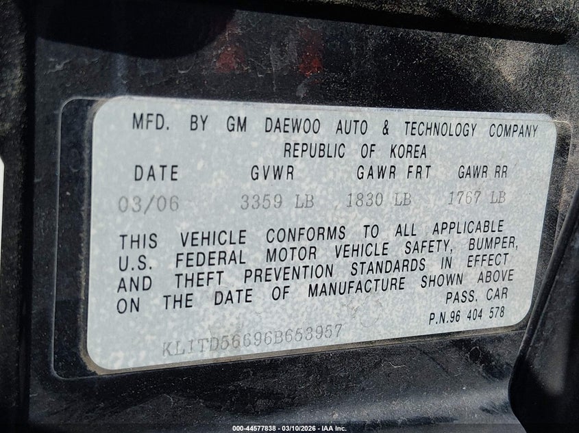 2006 Chevrolet Aveo VIN KL1TD56696B653957 IAAI salvage auction — RIGHT FRONT, Salvage (Nevada), sold $25 on 2026-07-24 (photo 9)