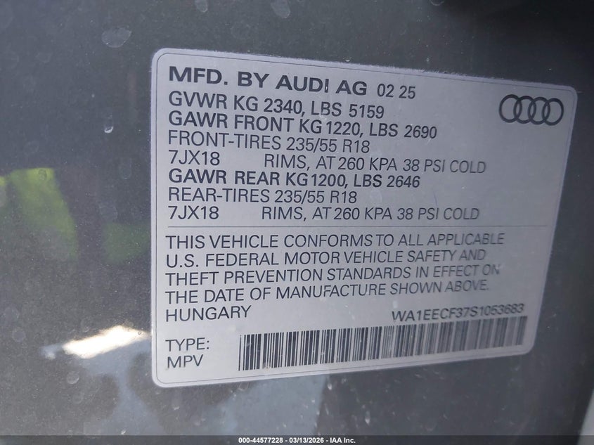 2025 Audi Q3 VIN WA1EECF37S1053683 IAAI salvage auction — RIGHT SIDE, Salvage (Texas), sold $9,050 on 2026-07-09 (photo 9)