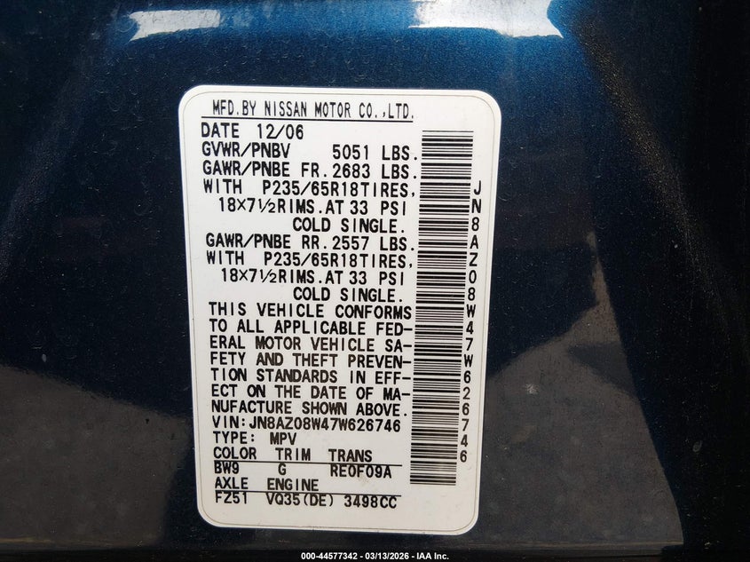 2007 Nissan Murano VIN JN8AZ08W47W626746 IAAI salvage auction — HAIL, Clear (Colorado), sold $125 on 2026-07-14 (photo 9)