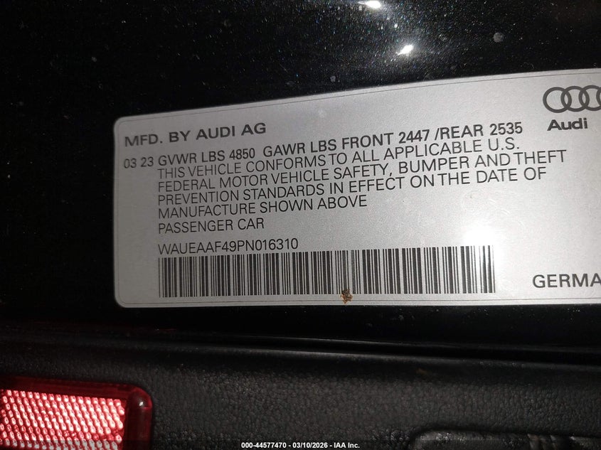2023 Audi A4 VIN WAUEAAF49PN016310 IAAI salvage auction — FRONT END, Salvage (Vermont), sold $5,200 on 2026-07-16 (photo 9)
