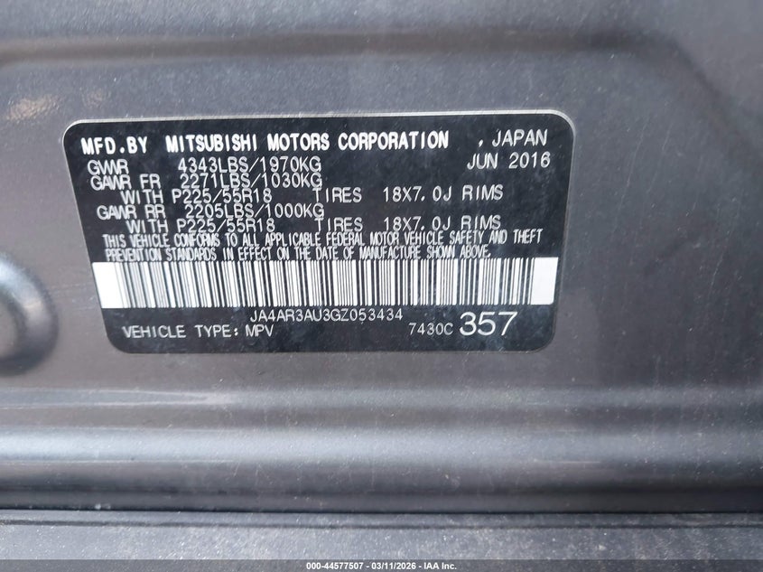 2016 Mitsubishi Outlander VIN JA4AR3AU3GZ053434 IAAI salvage auction — FRONT END, Salvage (Massachusetts), sold $825 on 2026-07-28 (photo 9)