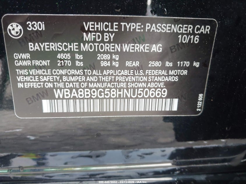 2017 BMW 3er VIN WBA8B9G58HNU50669 IAAI salvage auction — FRONT END, Salvage (Georgia), sold $25 on 2026-07-29 (photo 9)