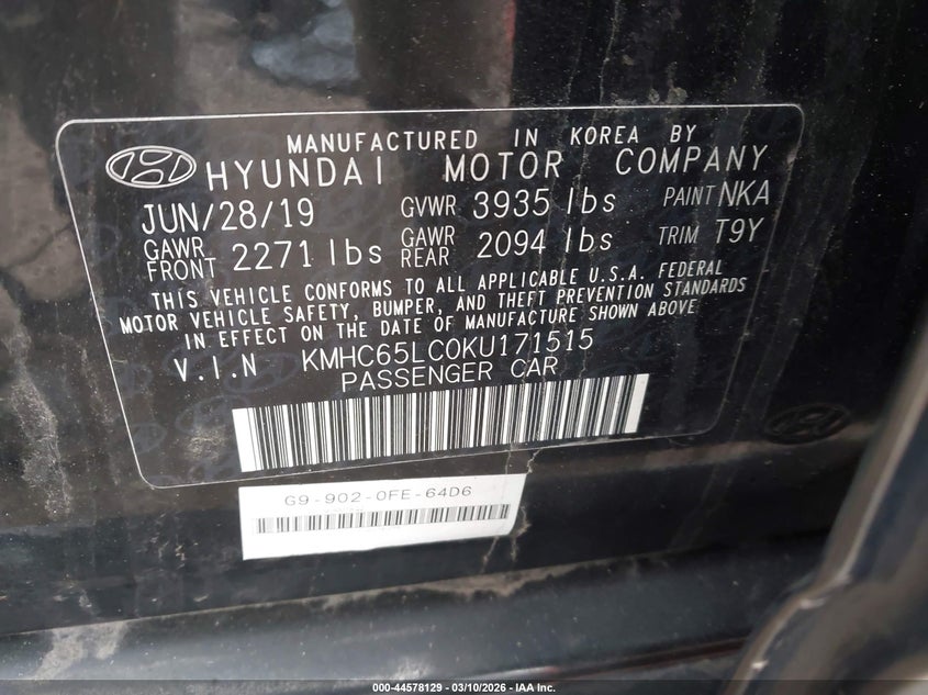 2019 Hyundai VIN KMHC65LC0KU171515 IAAI salvage auction — REAR END, Salvage (Illinois), sold $850 on 2026-07-08 (photo 9)