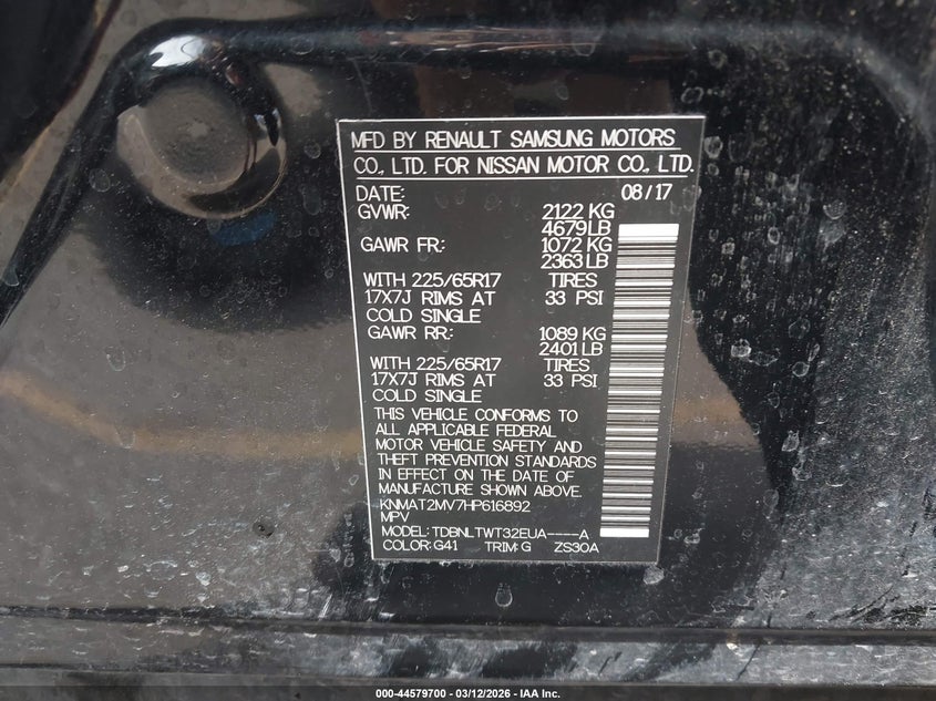 2017 Nissan Rogue VIN KNMAT2MV7HP616892 IAAI salvage auction — FRONT & REAR, Salvage Title, sold $2,250 on 2026-07-09 (photo 9)