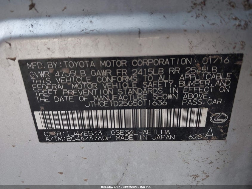 2016 Lexus Is VIN JTHCE1D25G5011636 IAAI salvage auction — LEFT & RIGHT, Salvage (Minnesota), sold $1,100 on 2026-07-13 (photo 9)