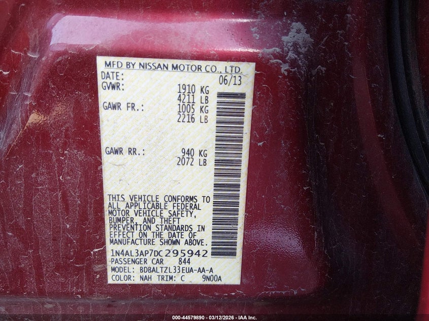 2013 Nissan Altima VIN 1N4AL3AP7DC295942 IAAI salvage auction — FRONT END, Clear (Tennessee), sold $175 on 2026-07-20 (photo 9)