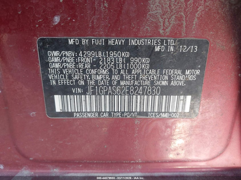 2014 Subaru Impreza VIN JF1GPAS62E8247830 IAAI salvage auction — UNKNOWN, Salvage Title, sold $950 on 2026-07-09 (photo 9)