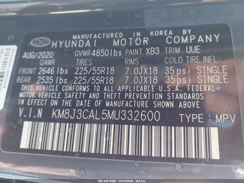 2021 Hyundai Tucson VIN KM8J3CAL5MU332600 IAAI salvage auction — FRONT END, Salvage Title, sold $5,275 on 2026-07-22 (photo 9)