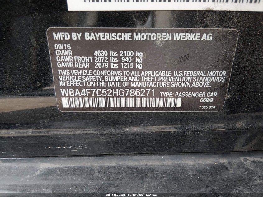 2017 BMW VIN WBA4F7C52HG786271 IAAI salvage auction — FRONT END, Salvage Title, sold $2,575 on 2026-07-22 (photo 9)