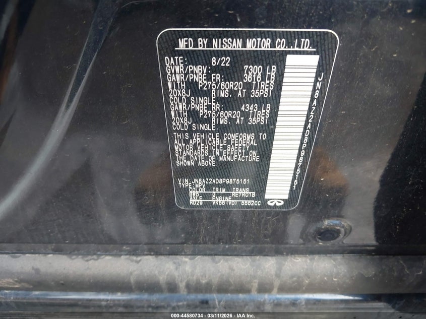 2023 Infiniti Qx80 VIN JN8AZ2AD8P9875151 IAAI salvage auction — ROLLOVER, Original (Texas), sold $12,900 on 2026-09-15 (photo 9)