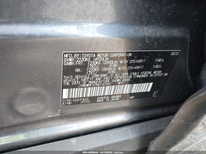 2022 Toyota Rav 4 VIN JTMRWRFV7ND143962 IAAI salvage auction — LEFT SIDE, Salvage (Hawaii), sold $9,200 on 2026-07-21 (photo 9)
