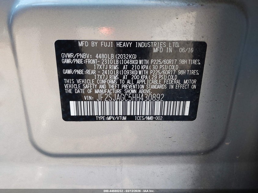 2017 Subaru Forester VIN JF2SJAGC5HH430892 IAAI salvage auction — RIGHT FRONT, Salvage Title, sold $4,200 on 2026-07-06 (photo 9)