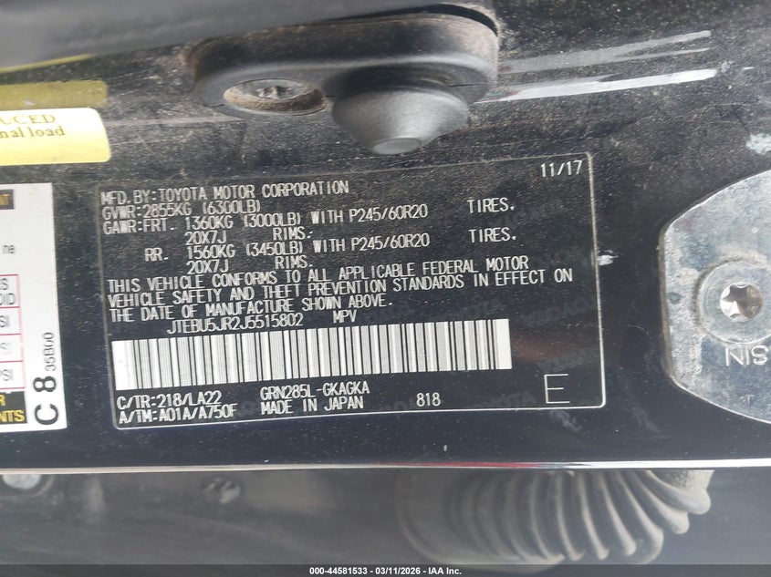 2018 Toyota 4runner VIN JTEBU5JR2J5515802 IAAI salvage auction — FRONT & REAR, Salvage Title, sold $10,600 on 2026-07-26 (photo 9)