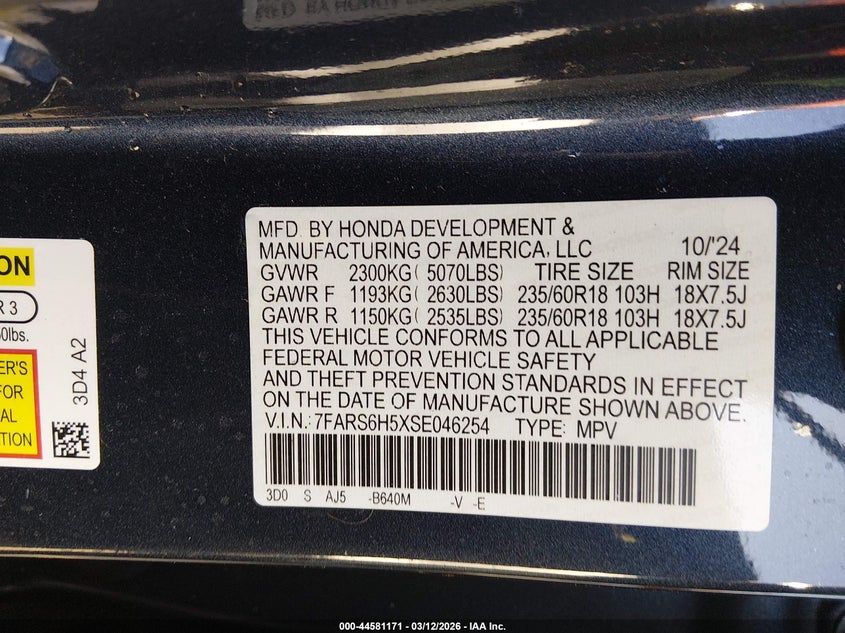 2025 Honda Cr-v VIN 7FARS6H5XSE046254 IAAI salvage auction — ROLLOVER, Salvage Title, sold $7,150 on 2026-07-21 (photo 9)