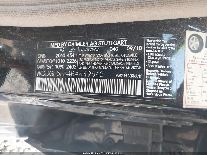 2011 Mercedes-benz C-klasse VIN WDDGF5EB4BA449642 IAAI salvage auction — REAR END, Salvage (South Carolina), sold $750 on 2026-07-28 (photo 9)