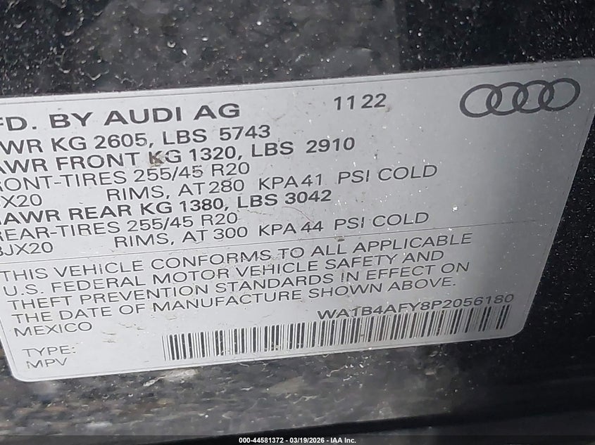 2023 Audi Q5 VIN WA1B4AFY8P2056180 IAAI salvage auction — FRONT END, Salvage Title, sold $14,900 on 2026-07-30 (photo 9)