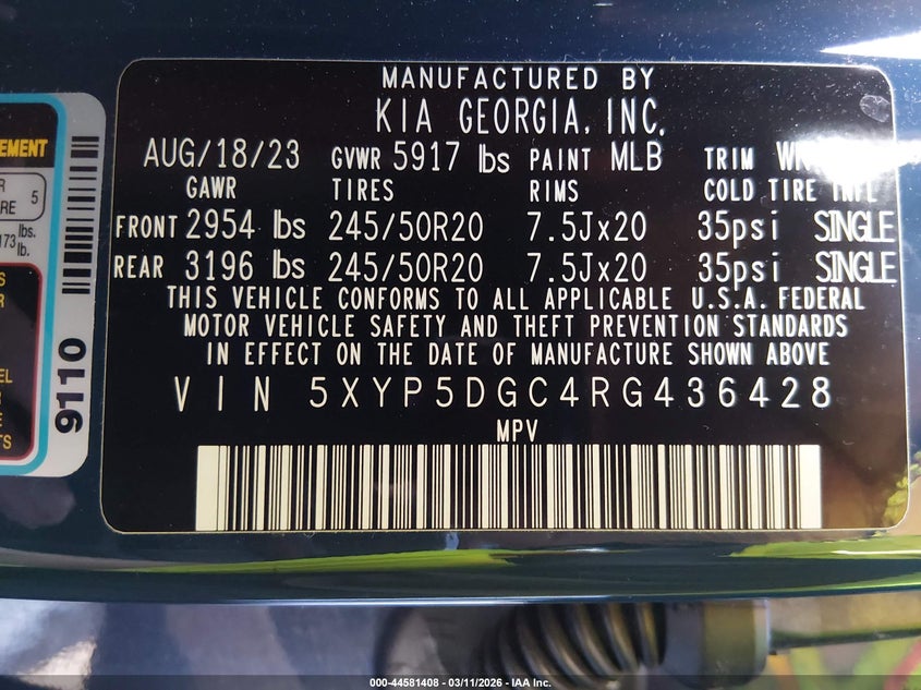 2024 Kia Telluride VIN 5XYP5DGC4RG436428 IAAI salvage auction — FRONT END, Salvage (New Jersey), sold $3,050 on 2026-07-20 (photo 9)