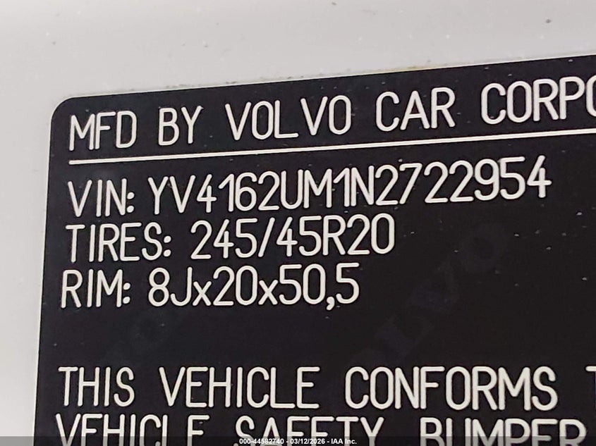 2022 Volvo Xc40 VIN YV4162UM1N2722954 IAAI salvage auction — RIGHT SIDE, Salvage (Massachusetts), sold $6,500 on 2026-07-14 (photo 9)