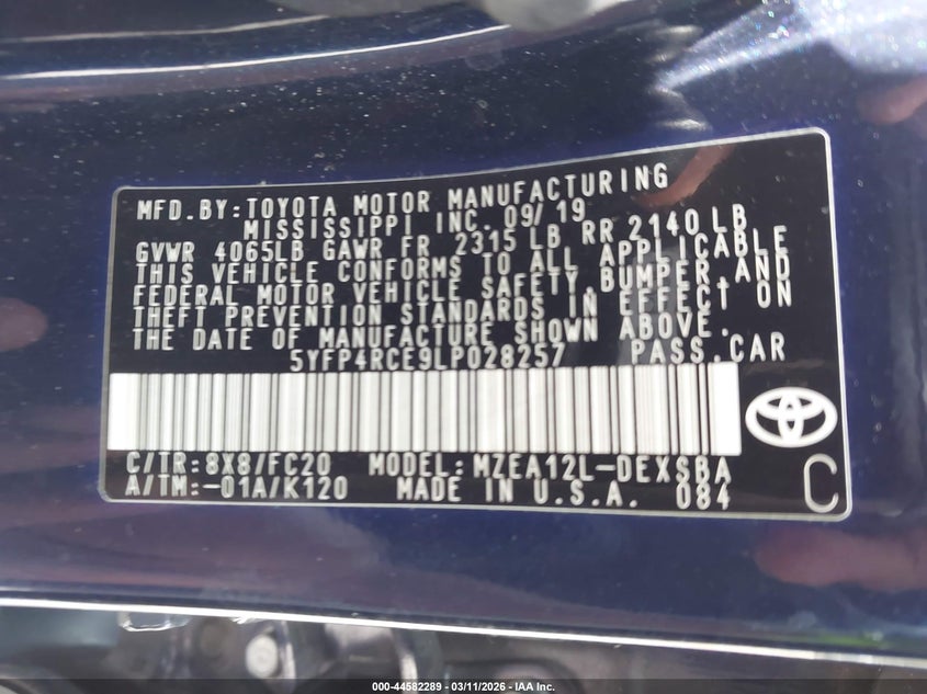 2020 Toyota Corolla VIN 5YFP4RCE9LP028257 IAAI salvage auction — FRONT END, Salvage Title, sold $4,300 on 2026-07-12 (photo 9)