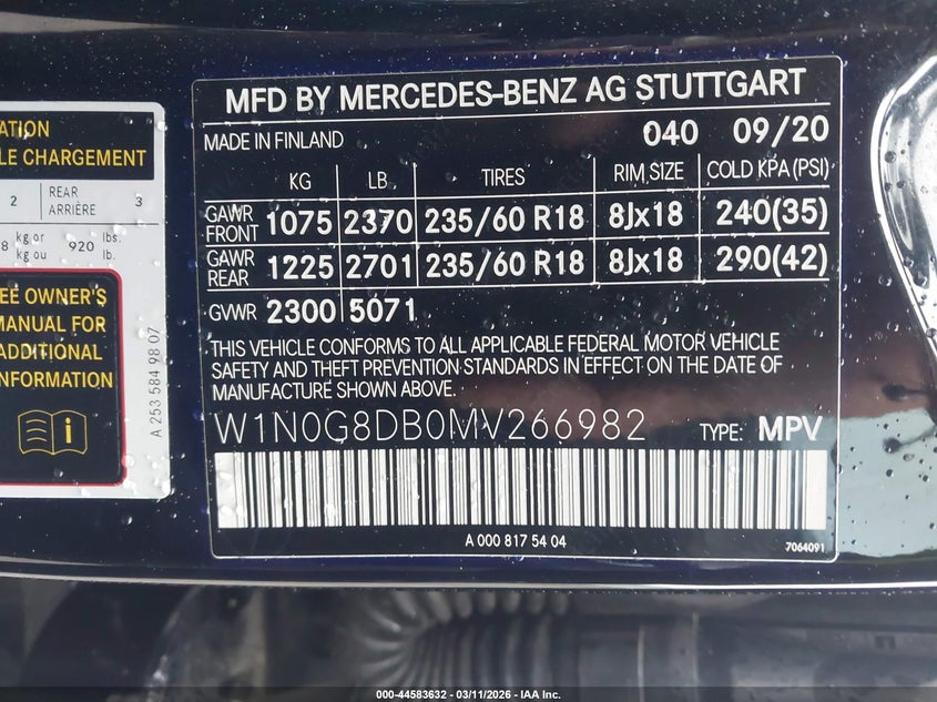2021 Mercedes-benz Glc VIN W1N0G8DB0MV266982 IAAI salvage auction — FRONT END, Salvage Title, sold $25 on 2026-07-29 (photo 9)