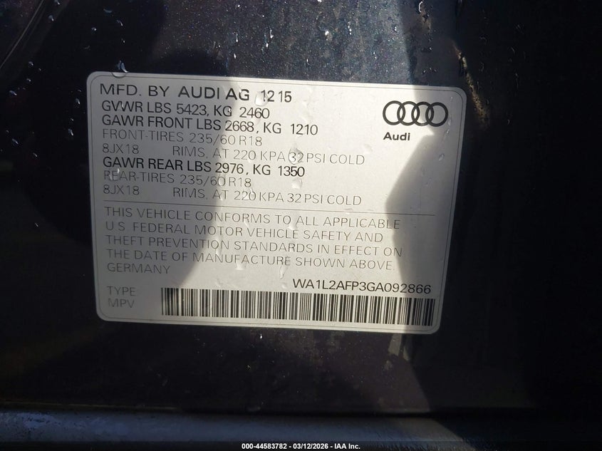 2016 Audi Q5 VIN WA1L2AFP3GA092866 IAAI salvage auction — REAR END, Salvage (Utah), sold $3,150 on 2026-07-30 (photo 9)