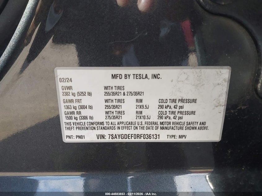 2024 Tesla Model y VIN 7SAYGDEF0RF036131 IAAI salvage auction — FRONT & REAR, Salvage Title, sold $14,600 on 2026-07-16 (photo 9)