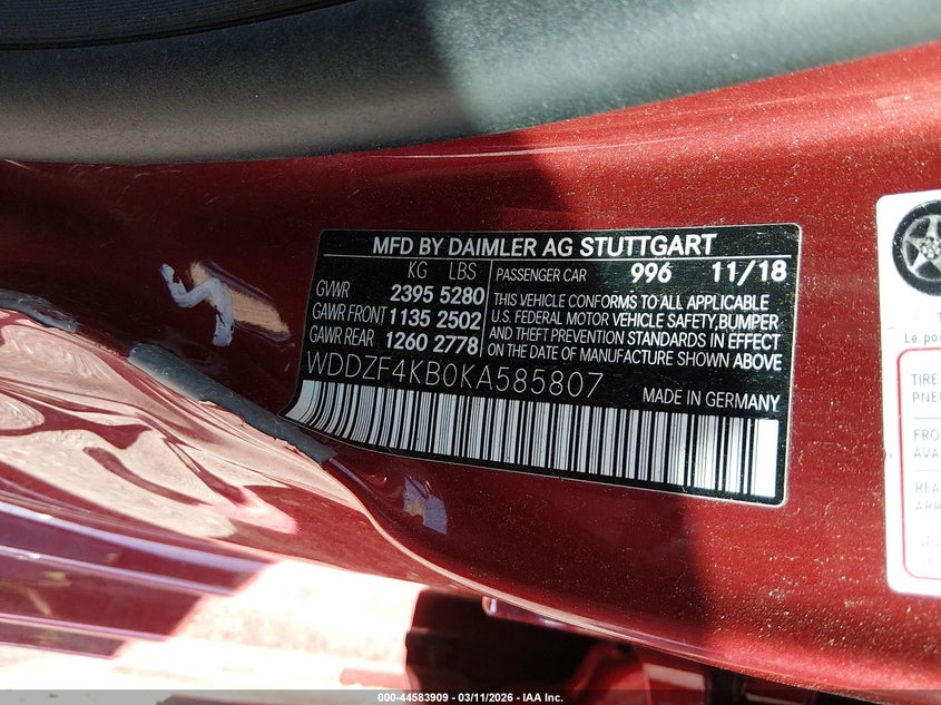 2019 Mercedes-benz E-klasse VIN WDDZF4KB0KA585807 IAAI salvage auction — LEFT SIDE, Salvage (Colorado), sold $10,100 on 2026-07-28 (photo 9)