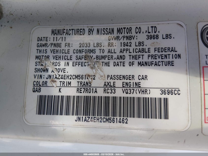 2012 Nissan 370z VIN JN1AZ4EH2CM561462 IAAI salvage auction — LEFT FRONT, Salvage (Kansas), sold $5,000 on 2026-07-24 (photo 9)