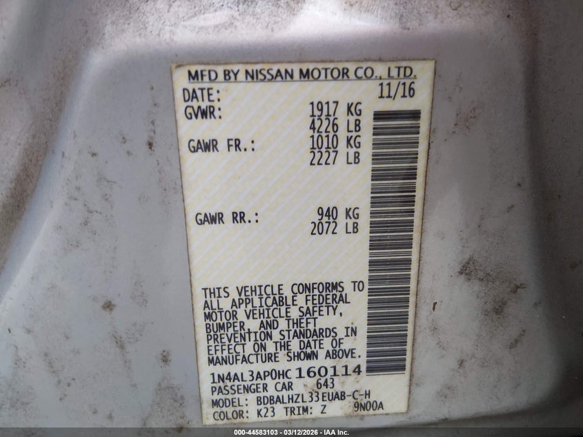 2017 Nissan Altima VIN 1N4AL3AP0HC160114 IAAI salvage auction — LEFT & RIGHT, Salvage (Georgia), sold $550 on 2026-07-19 (photo 9)