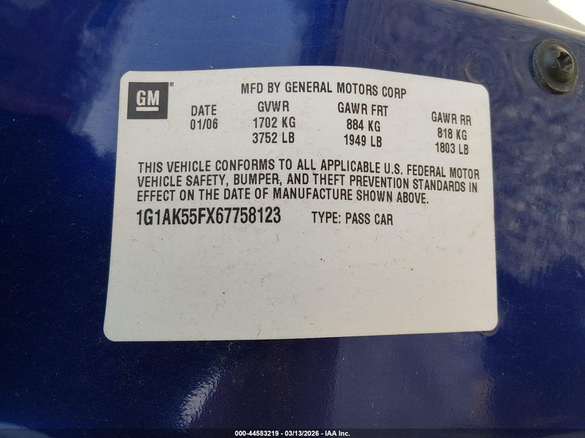 2006 Chevrolet Cobalt VIN 1G1AK55FX67758123 IAAI salvage auction — FRONT END, Salvage (Kentucky), sold $150 on 2026-07-10 (photo 9)