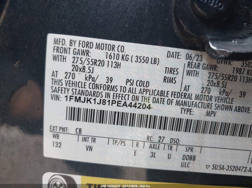 2023 Ford Expedition VIN 1FMJK1J81PEA44204 IAAI salvage auction — LEFT FRONT, Salvage Title, sold $8,950 on 2026-07-27 (photo 9)