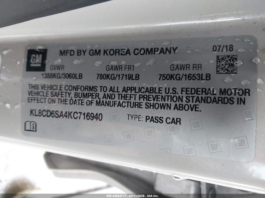 2019 Chevrolet Spark VIN KL8CD6SA4KC716940 IAAI salvage auction — FRONT END, Salvage Title, sold $775 on 2026-07-16 (photo 9)