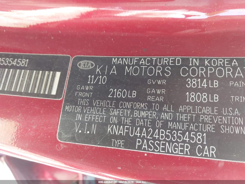 2011 Kia Forte VIN KNAFU4A24B5354581 IAAI salvage auction — TOTAL BURN, Certificate Of Destruction (Louisiana), sold $100 on 2026-07-31 (photo 9)