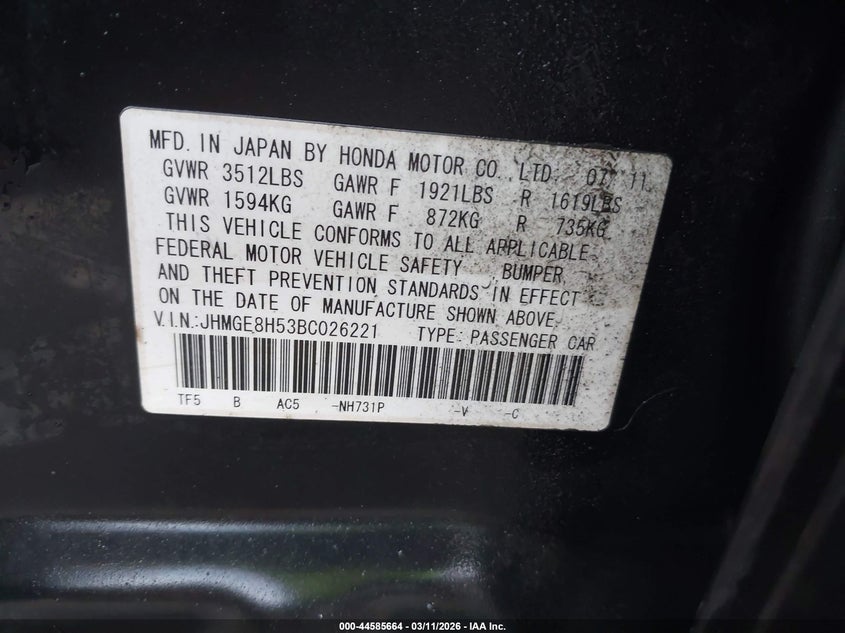 2011 Honda Fit VIN JHMGE8H53BC026221 IAAI salvage auction — LEFT FRONT, Salvage (North Carolina), sold $800 on 2026-07-24 (photo 9)