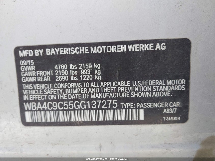 2016 BMW 4er VIN WBA4C9C55GG137275 IAAI salvage auction — RIGHT FRONT, Clear (Kansas), sold $4,850 on 2026-07-15 (photo 9)