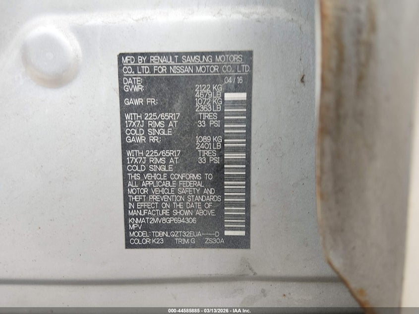 2016 Nissan Rogue VIN KNMAT2MV8GP694306 IAAI salvage auction — FRONT END, Salvage Title, sold $1,500 on 2026-07-29 (photo 9)