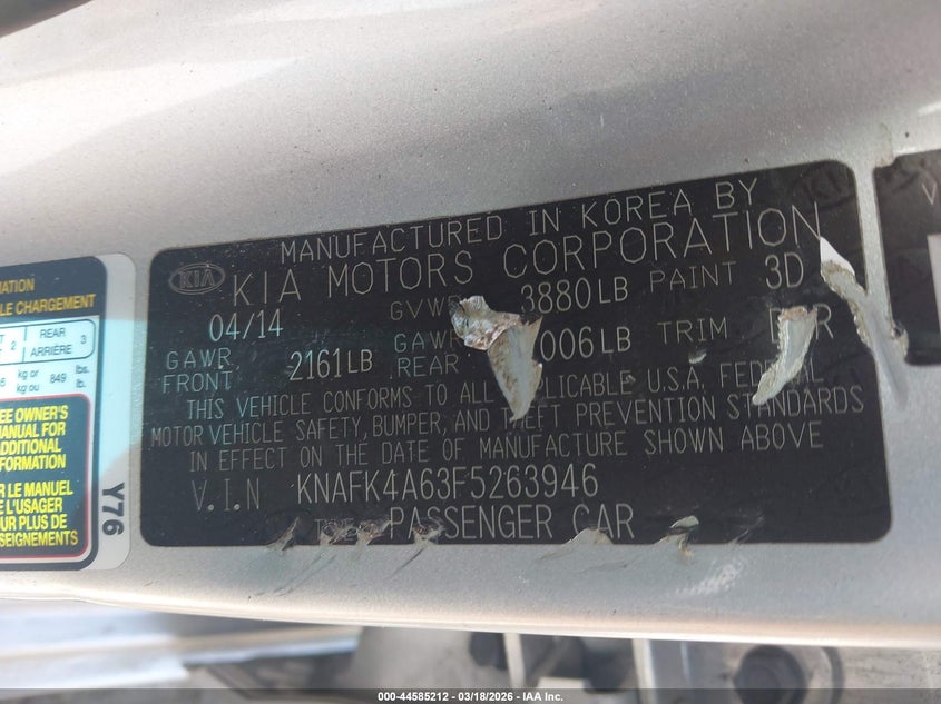 2015 Kia Forte VIN KNAFK4A63F5263946 IAAI salvage auction — LEFT SIDE, Original (Texas), sold $1,150 on 2026-07-07 (photo 9)