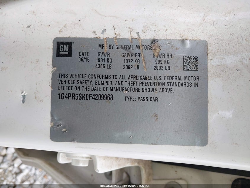 2015 Buick Verano VIN 1G4PR5SK0F4209963 IAAI salvage auction — REAR END, Salvage Title, sold $3,050 on 2026-07-21 (photo 9)