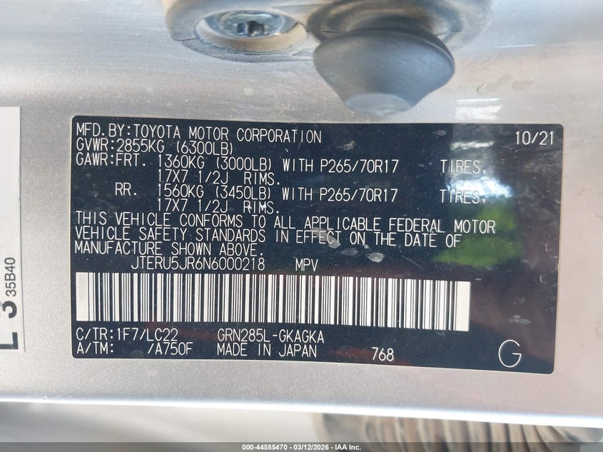2022 Toyota 4runner VIN JTERU5JR6N6000218 IAAI salvage auction — LEFT FRONT, Original (Texas), sold $10,450 on 2026-07-07 (photo 9)