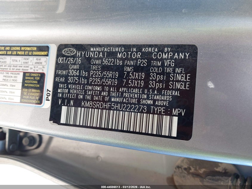 2017 Hyundai Santa fe VIN KM8SRDHF5HU222273 IAAI salvage auction — RIGHT SIDE, Salvage Title, sold $2,650 on 2026-07-22 (photo 9)