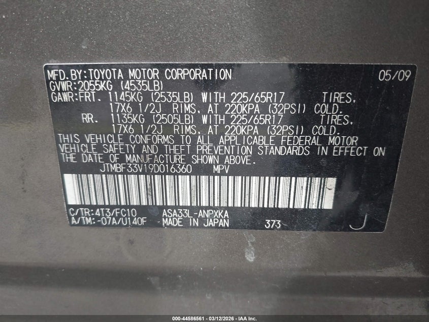 2009 Toyota Rav4 VIN JTMBF33V19D016360 IAAI salvage auction — FRONT END, Rebuildable (Florida), sold $625 on 2026-07-30 (photo 9)