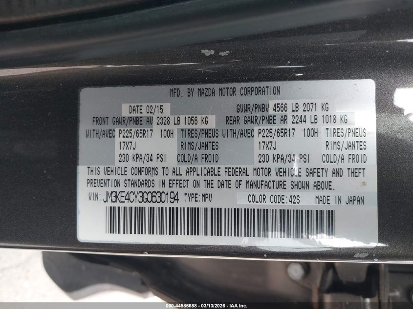 2016 Mazda Cx-5 VIN JM3KE4CY3G0630194 IAAI salvage auction — FRONT END, Mv-907A (New York), sold $2,100 on 2026-09-08 (photo 9)