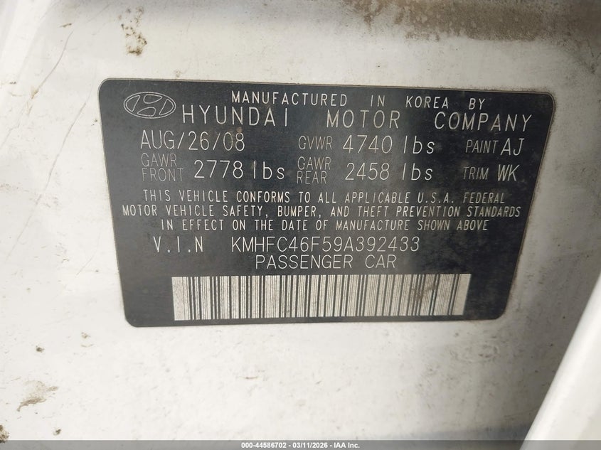 2009 Hyundai Azera VIN KMHFC46F59A392433 IAAI salvage auction — FRONT END, Salvage (Texas), sold $200 on 2026-07-29 (photo 9)