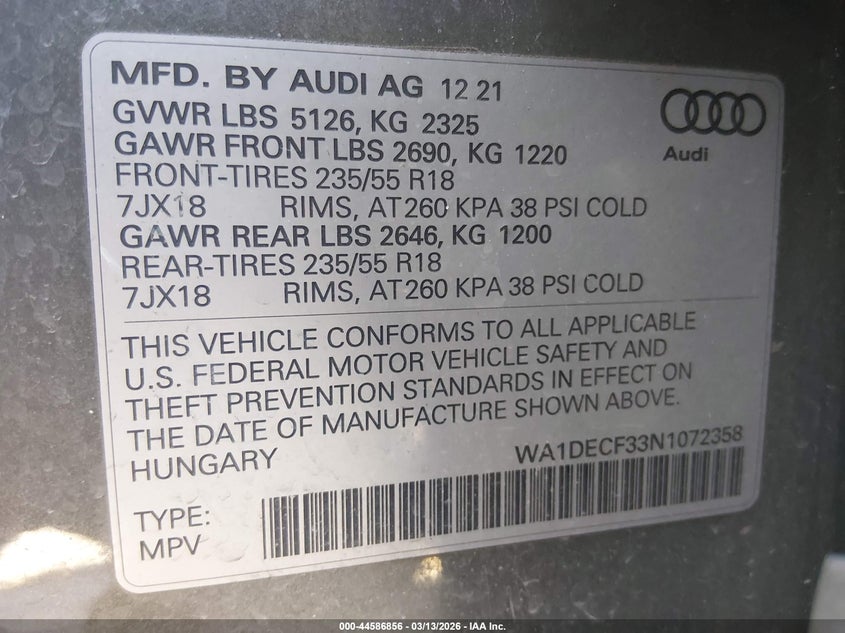 2022 Audi Q3 VIN WA1DECF33N1072358 IAAI salvage auction — LEFT REAR, Original (Texas), sold $15,050 on 2026-07-14 (photo 9)