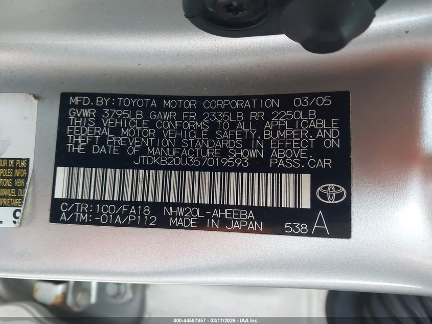 2005 Toyota Prius VIN JTDKB20U357019593 IAAI salvage auction — FRONT END, Salvage (Illinois), sold $25 on 2026-07-21 (photo 9)