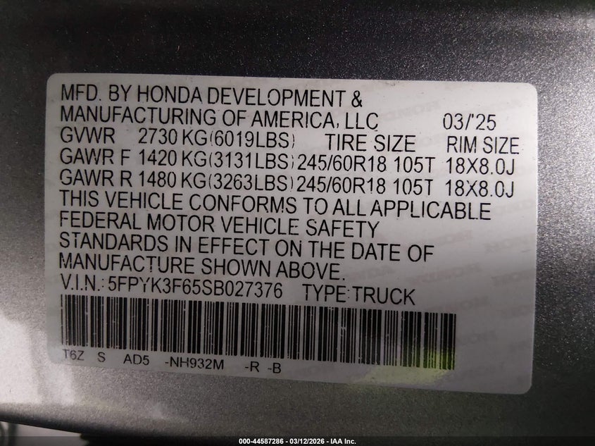 2025 Honda Ridgeline VIN 5FPYK3F65SB027376 IAAI salvage auction — RIGHT FRONT, Salvage (New Jersey), sold $12,800 on 2026-07-05 (photo 9)