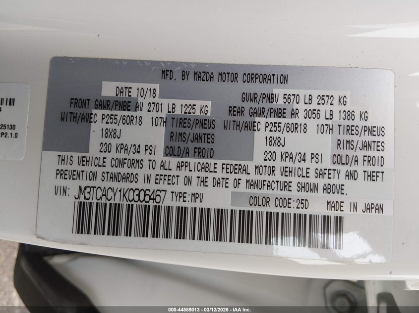 2019 Mazda Cx-9 VIN JM3TCACY1K0306467 IAAI salvage auction — REAR END, Salvage Title, sold $5,150 on 2026-07-21 (photo 9)